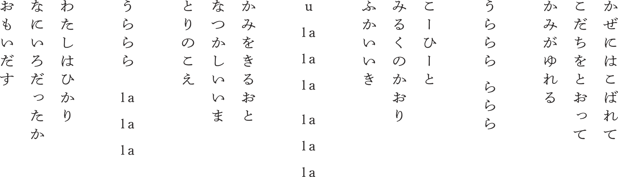 かぜにはこだちをこばれてとおってかみがゆれるうららららららこーひーとみるくのかおりふかいいきu la la la la la laかみをきるおとなつかしいいまとりのこえうらららla la laわたしはひかりなにいろだったかおもいだす